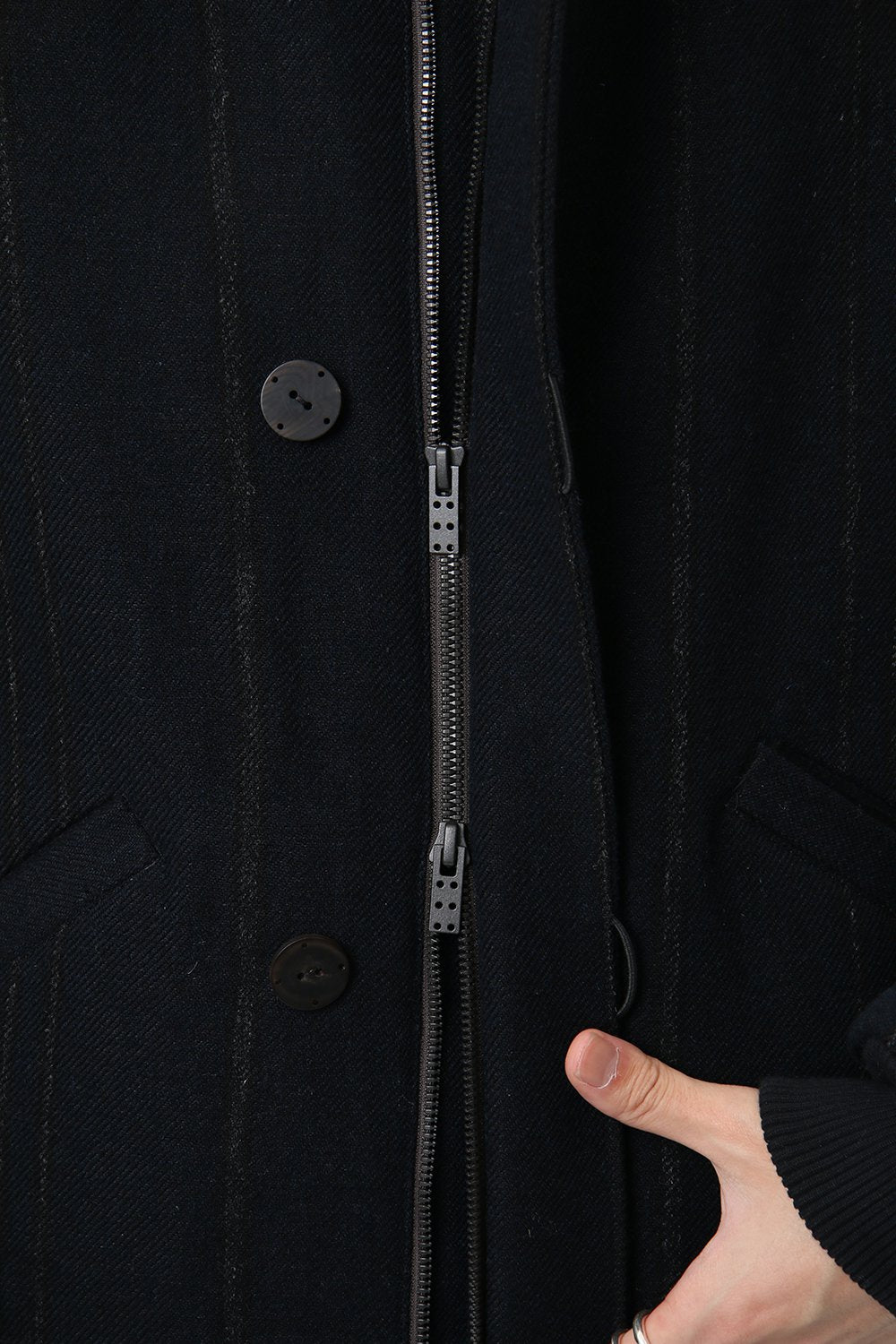 Shetland Wool Linen Stripe Batting Hood Coat Navy Black