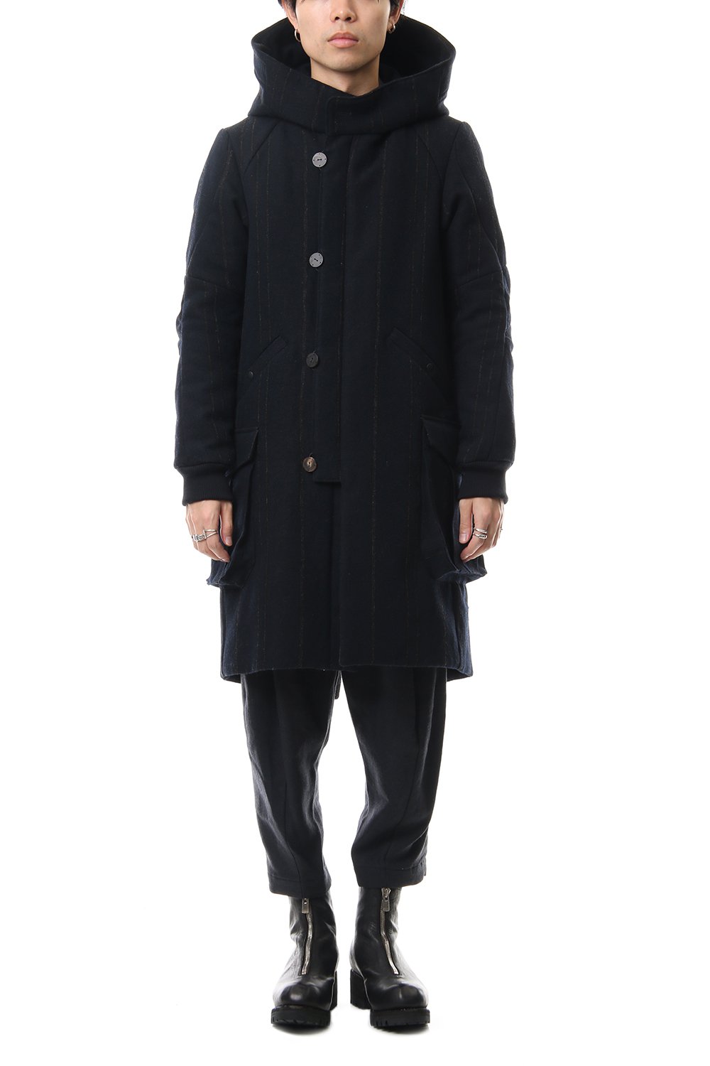 Shetland Wool Linen Stripe Batting Hood Coat Navy Black