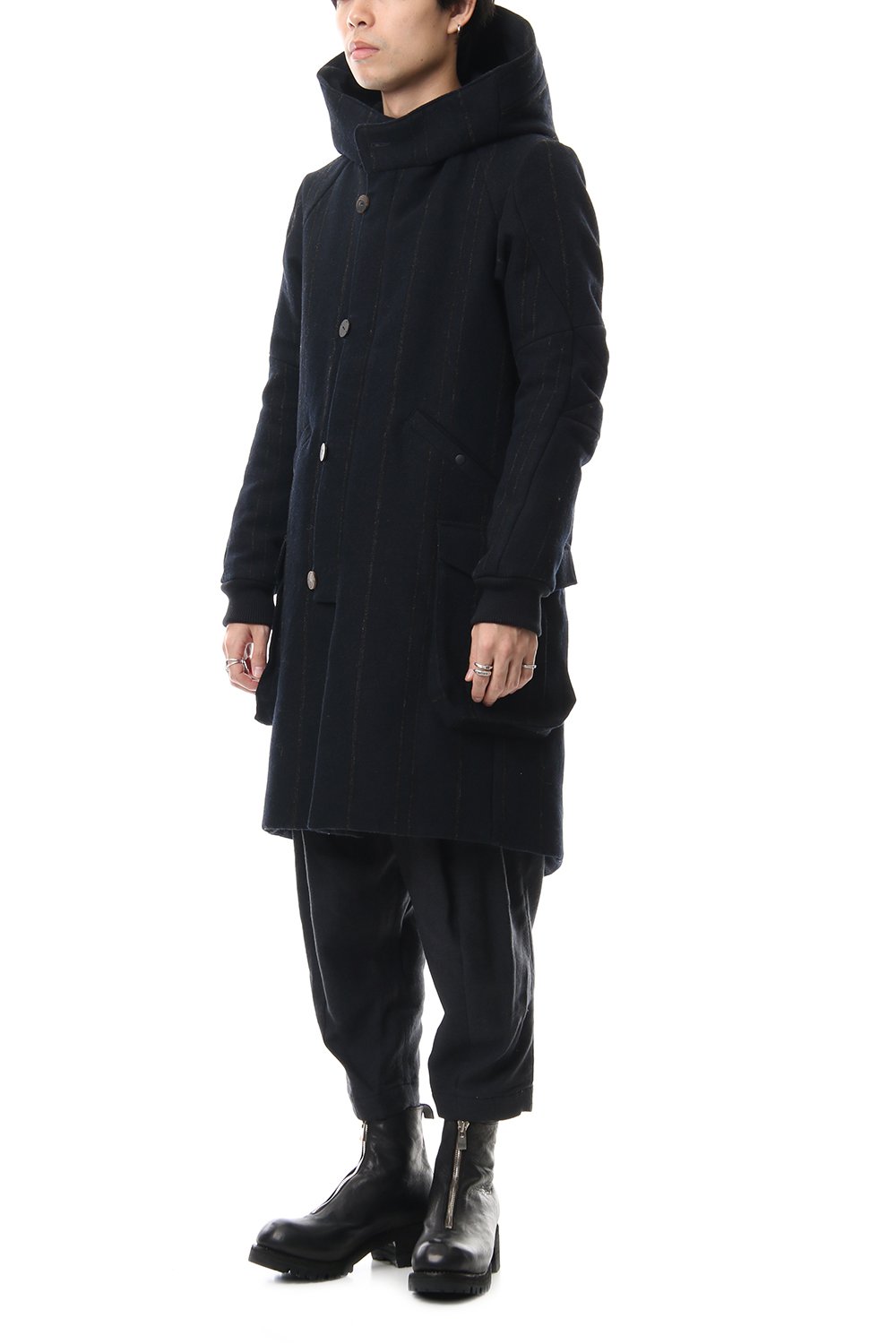 Shetland Wool Linen Stripe Batting Hood Coat Navy Black