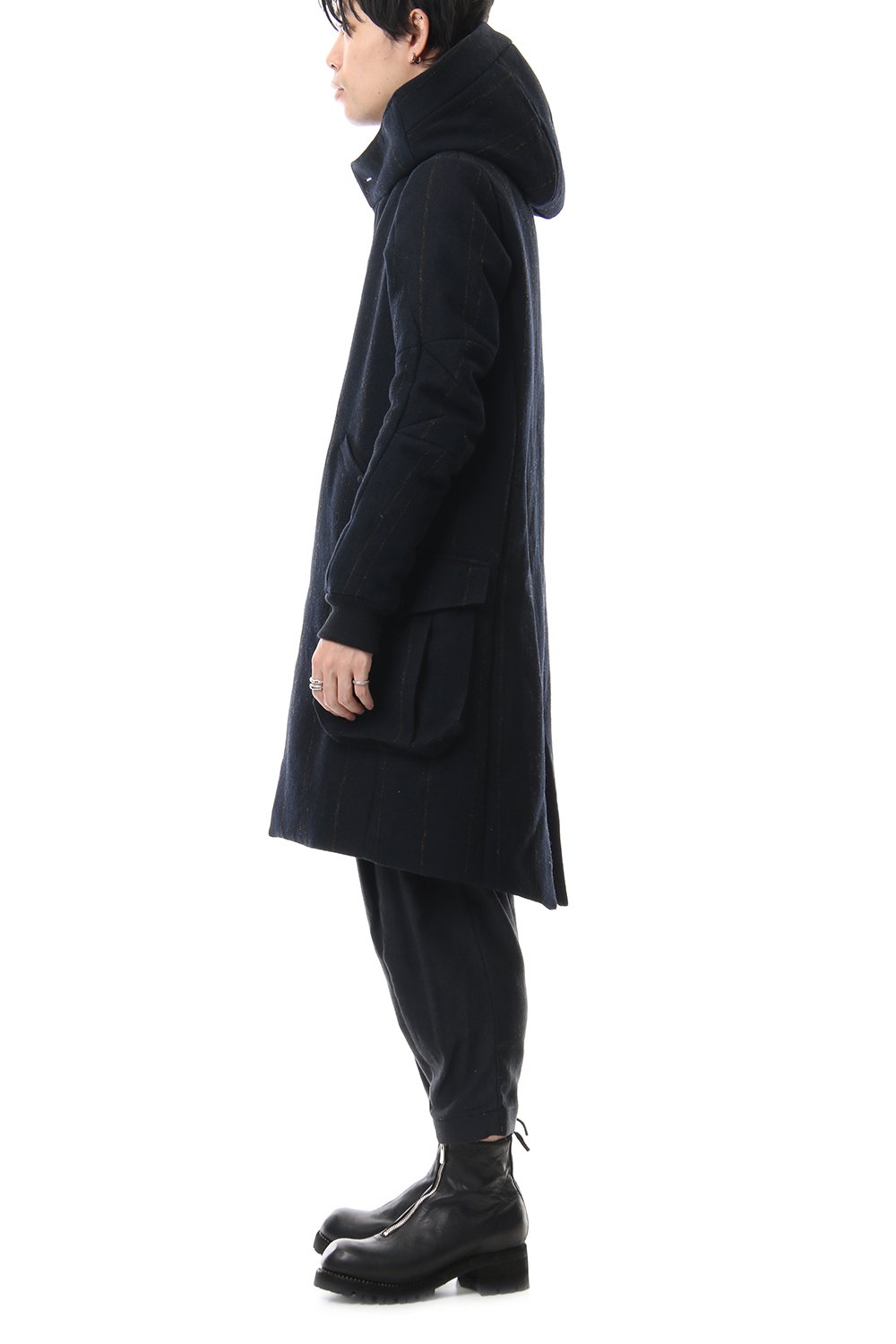 Shetland Wool Linen Stripe Batting Hood Coat Navy Black