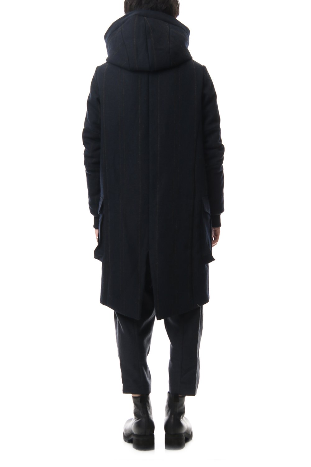 Shetland Wool Linen Stripe Batting Hood Coat Navy Black