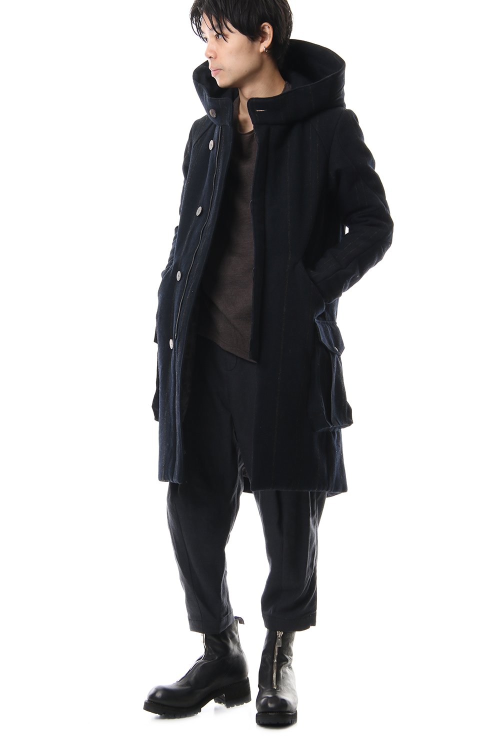 Shetland Wool Linen Stripe Batting Hood Coat Navy Black