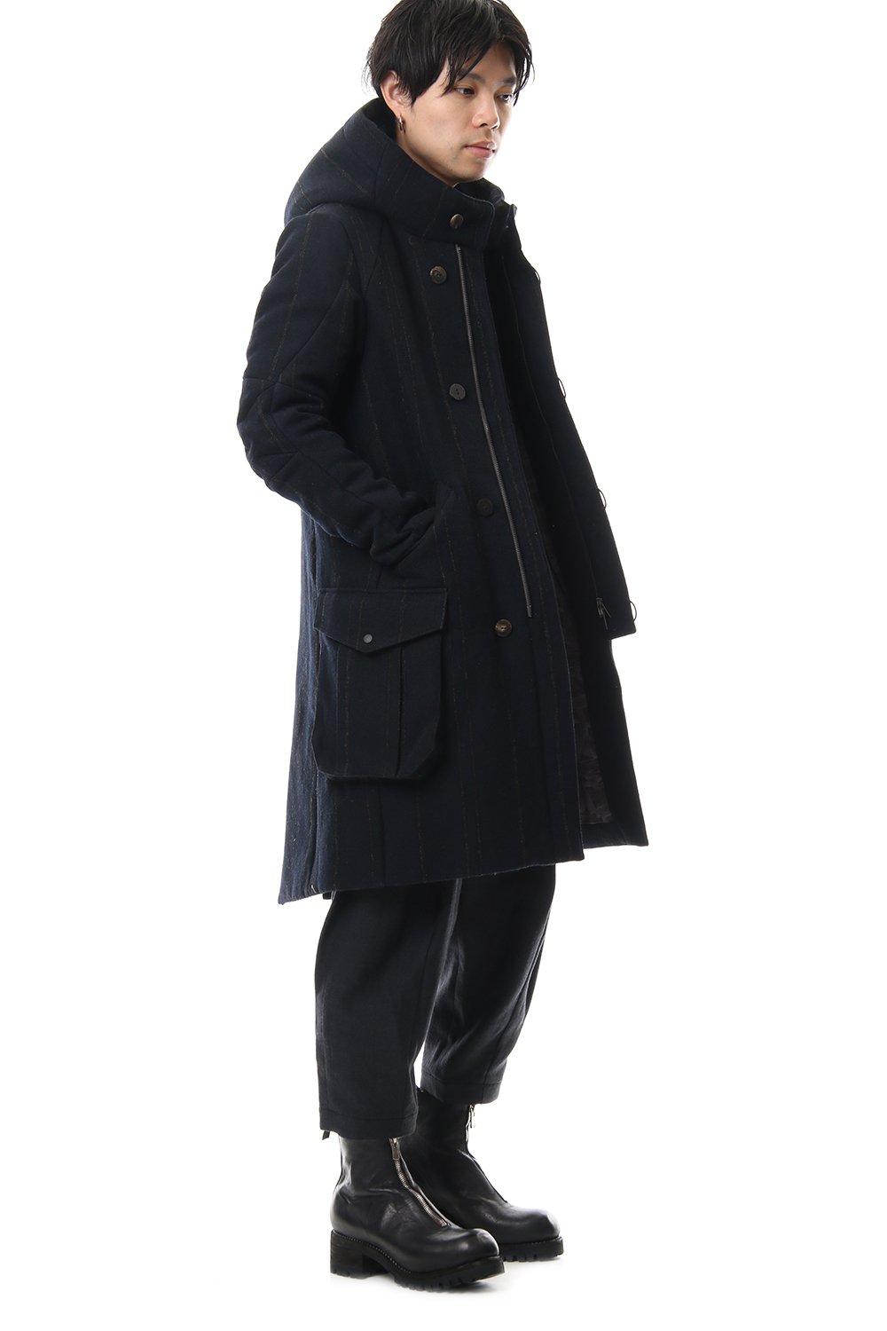 Shetland Wool Linen Stripe Batting Hood Coat Navy Black