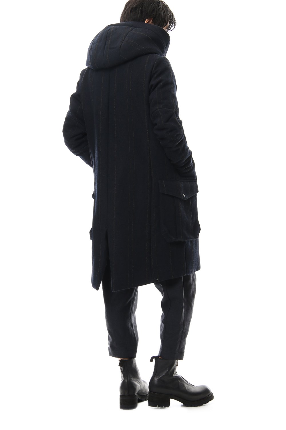 Shetland Wool Linen Stripe Batting Hood Coat Navy Black