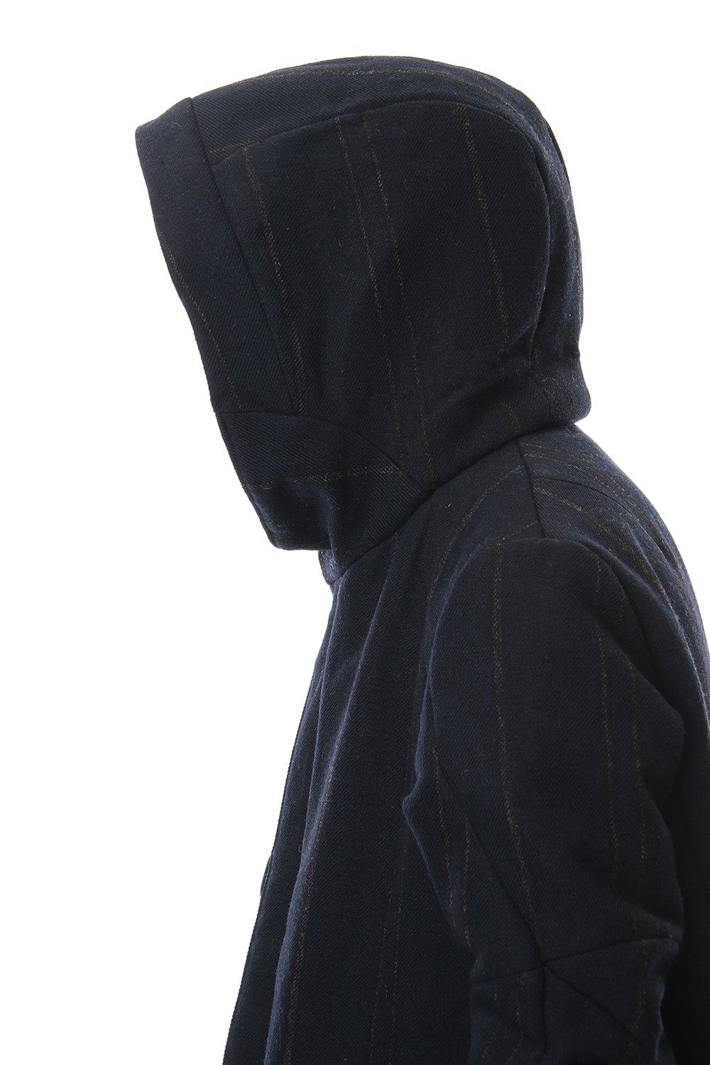 Shetland Wool Linen Stripe Batting Hood Coat Navy Black