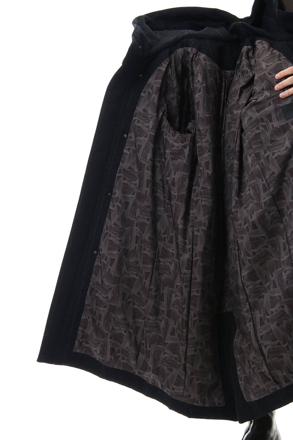 Shetland Wool Linen Stripe Batting Hood Coat Navy Black