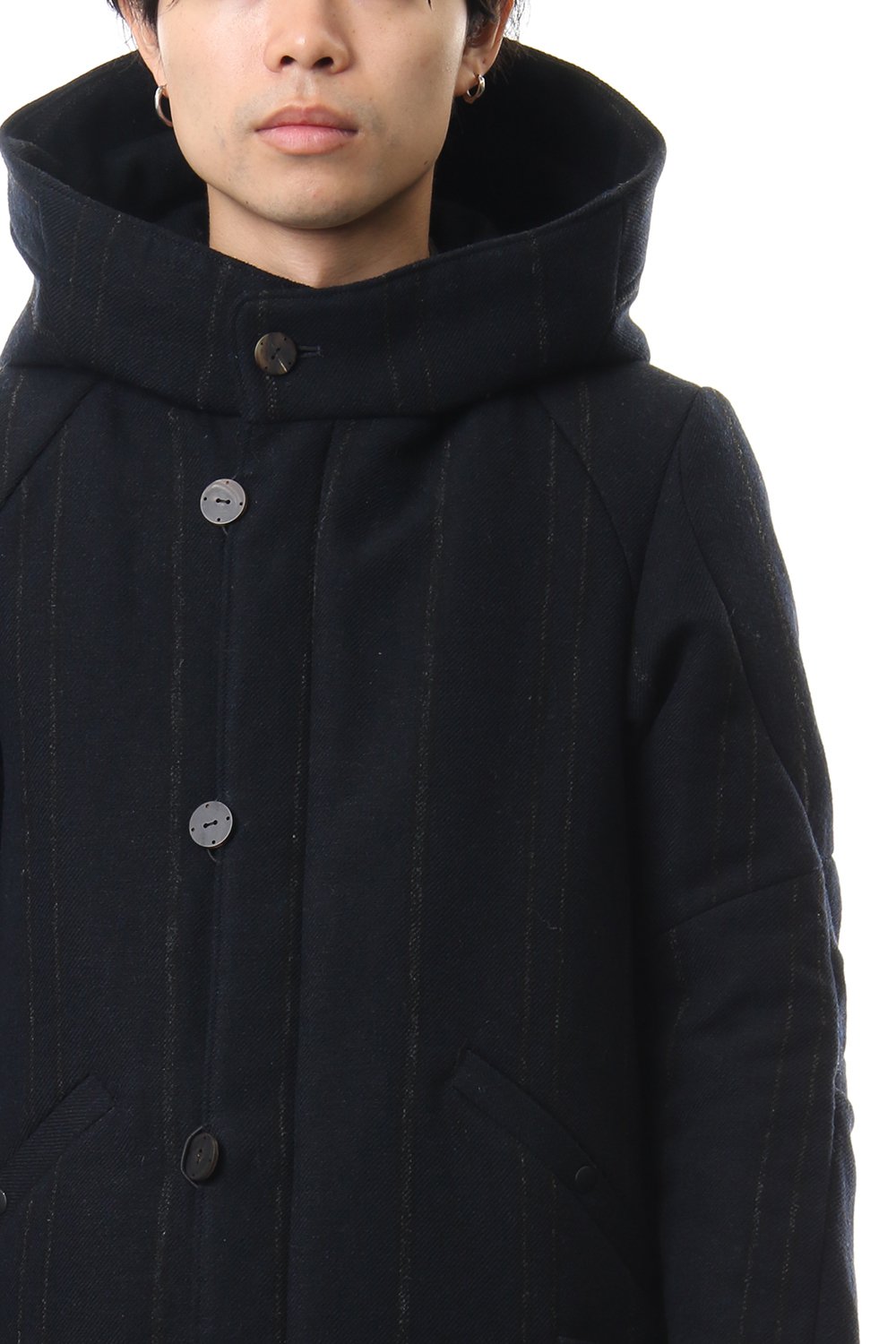 Shetland Wool Linen Stripe Batting Hood Coat Navy Black
