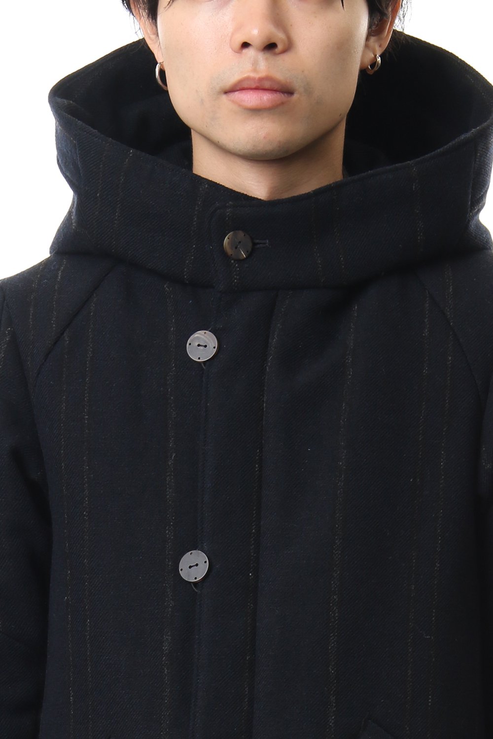 Shetland Wool Linen Stripe Batting Hood Coat Navy Black
