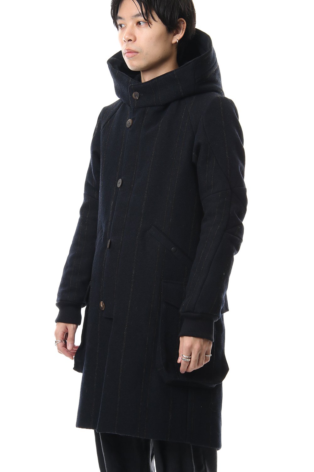 Shetland Wool Linen Stripe Batting Hood Coat Navy Black