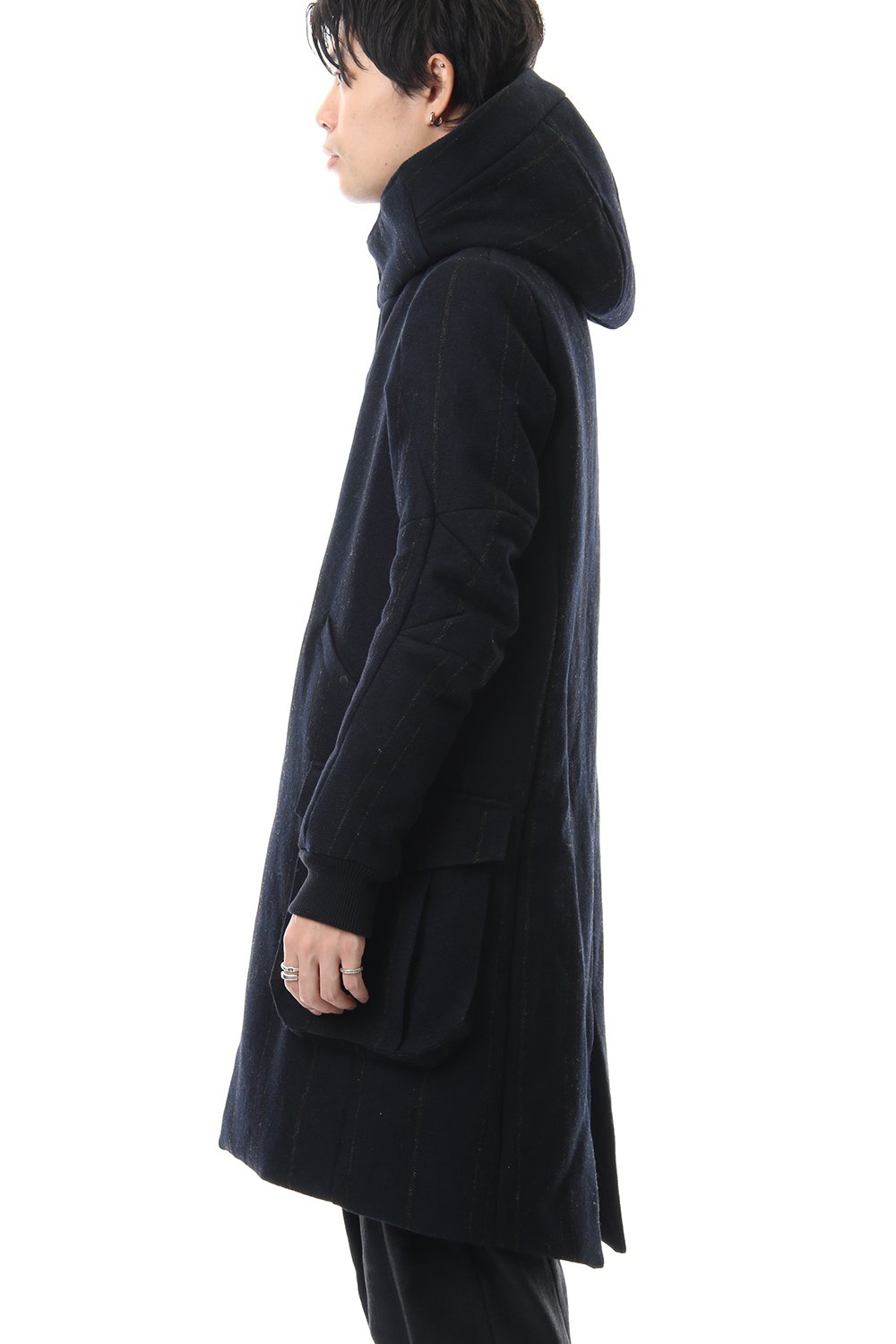Shetland Wool Linen Stripe Batting Hood Coat Navy Black