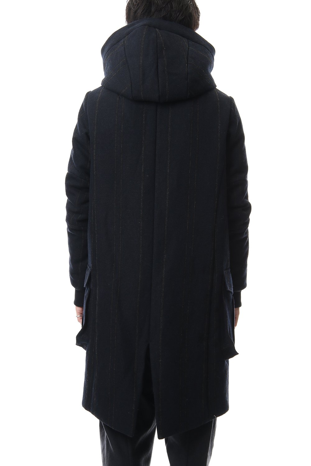Shetland Wool Linen Stripe Batting Hood Coat Navy Black