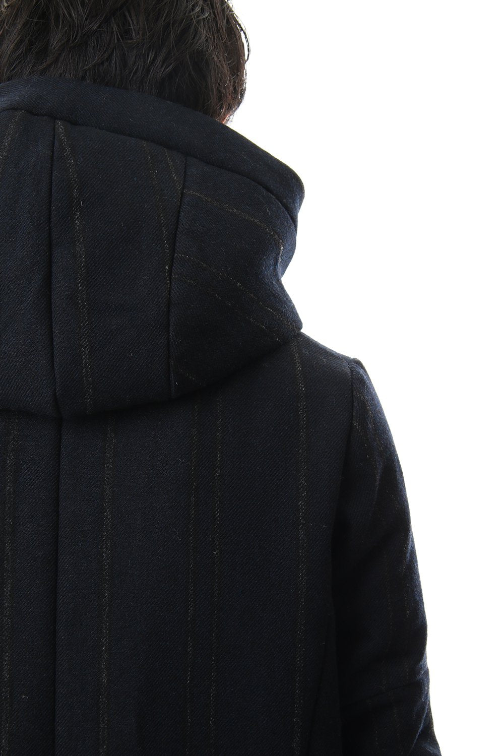 Shetland Wool Linen Stripe Batting Hood Coat Navy Black