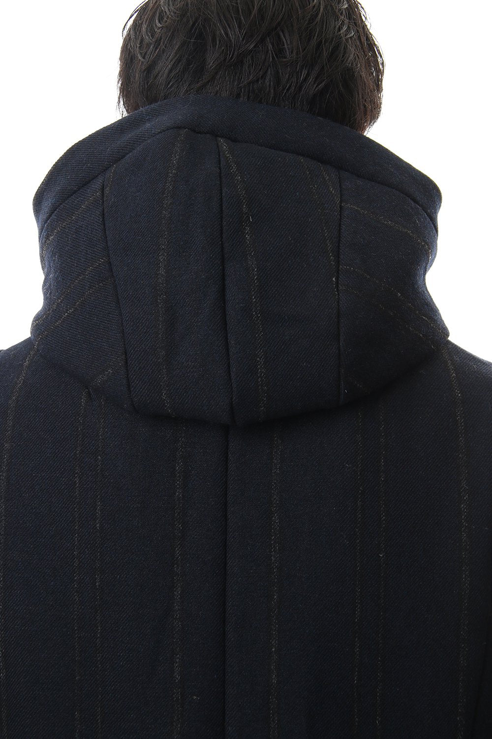 Shetland Wool Linen Stripe Batting Hood Coat Navy Black