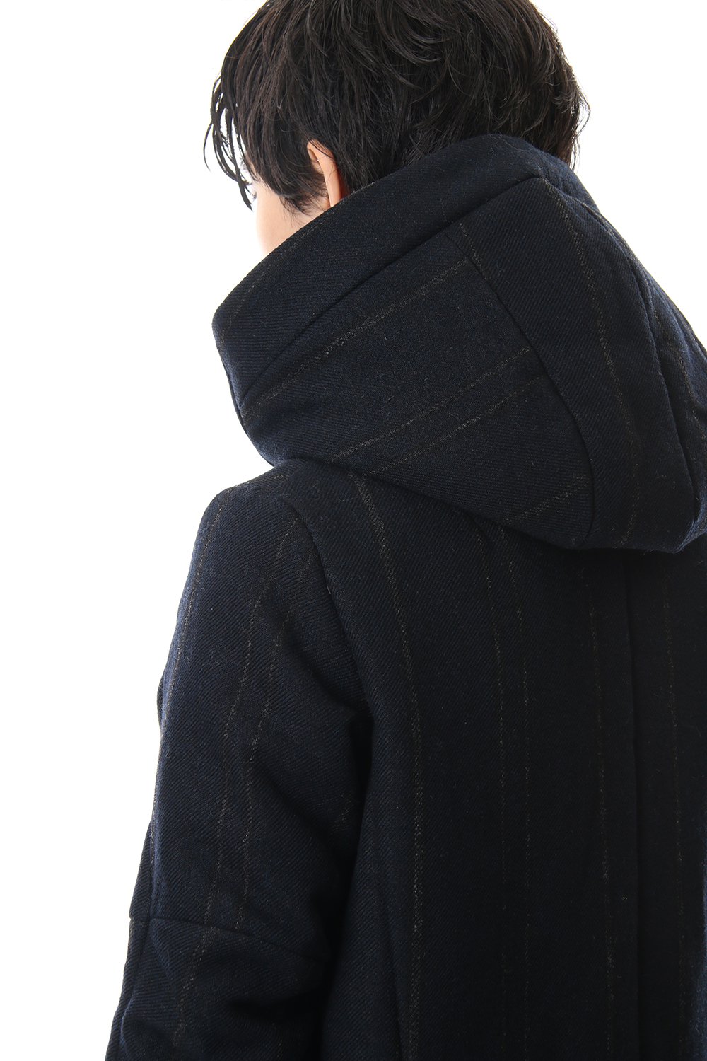 Shetland Wool Linen Stripe Batting Hood Coat Navy Black