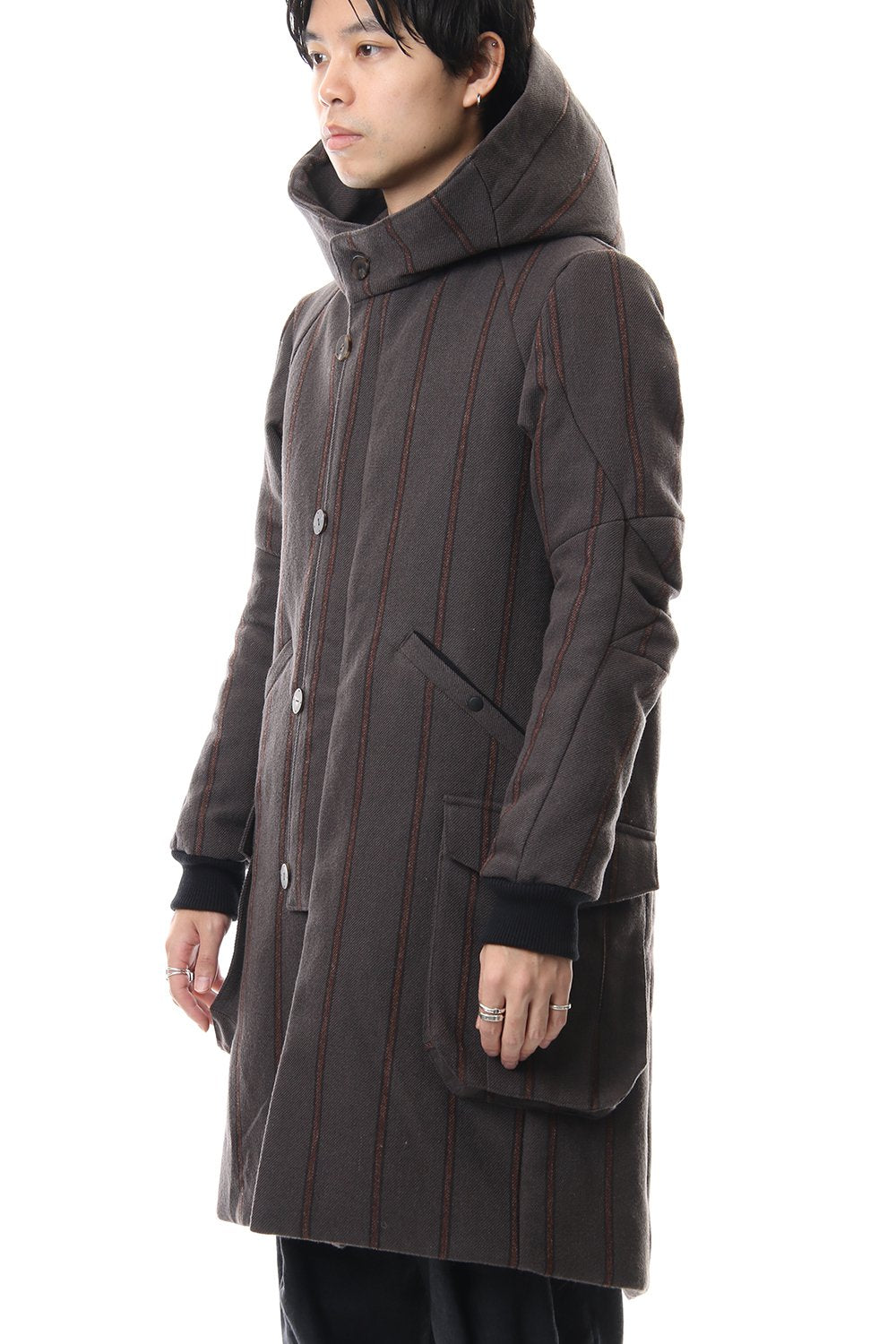 Shetland Wool Linen Stripe Batting Hood Coat Gray