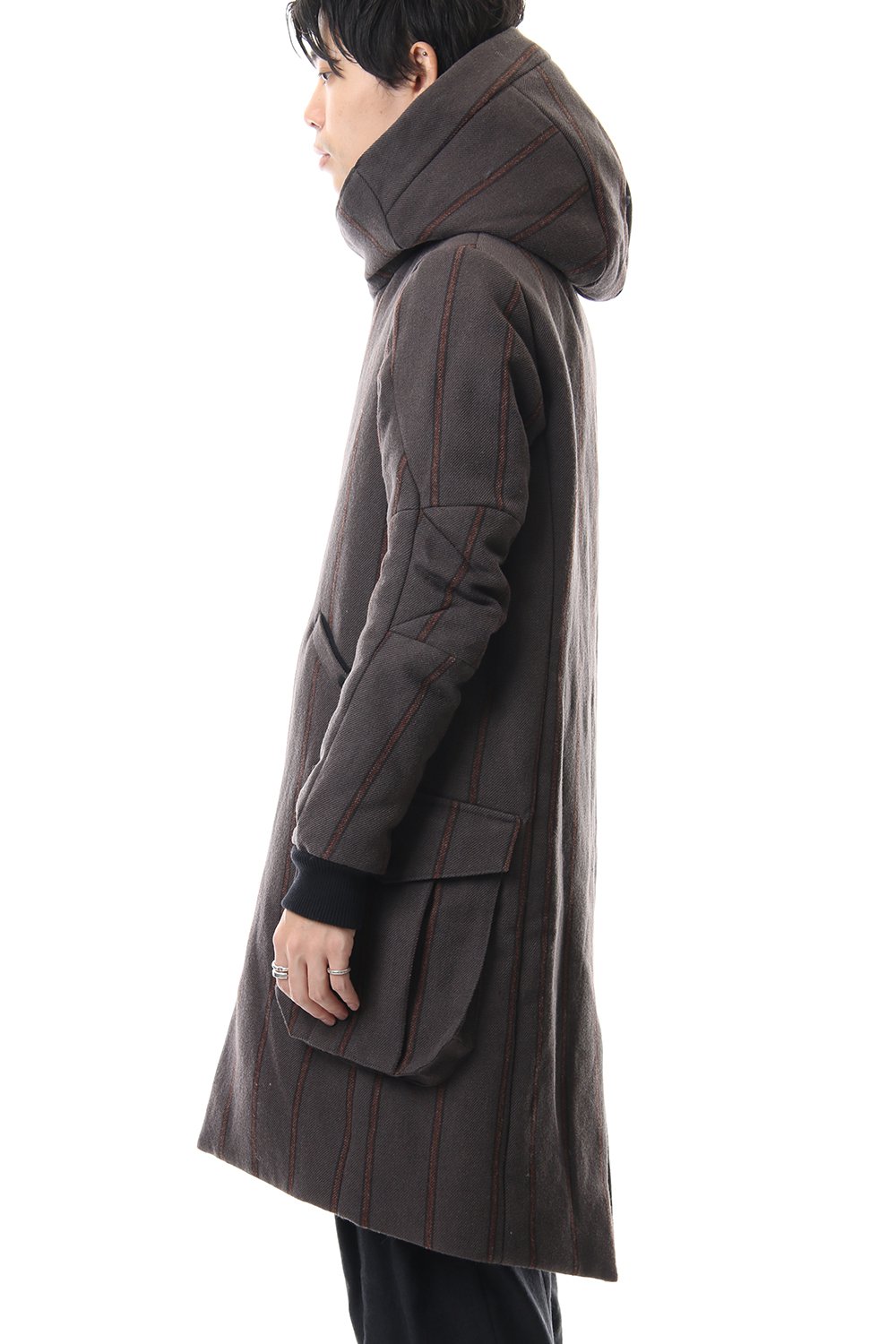 Shetland Wool Linen Stripe Batting Hood Coat Gray