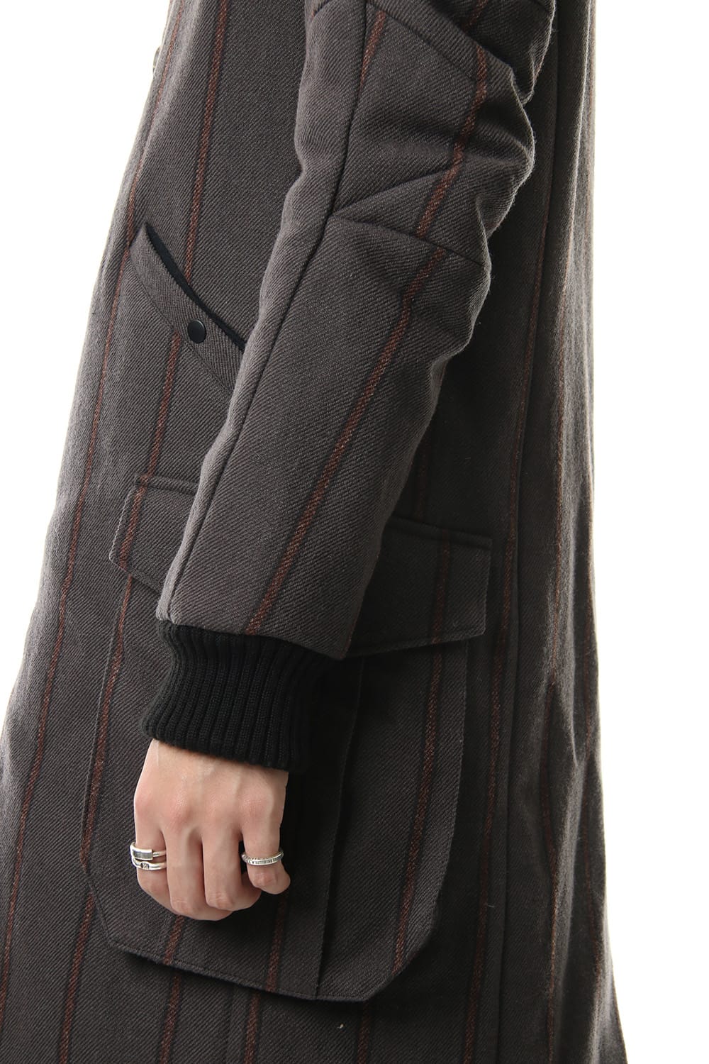 Shetland Wool Linen Stripe Batting Hood Coat Gray