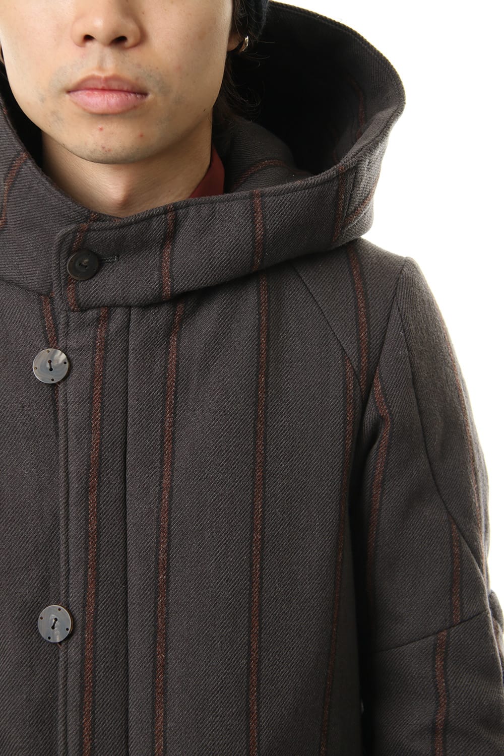 Shetland Wool Linen Stripe Batting Hood Coat Gray