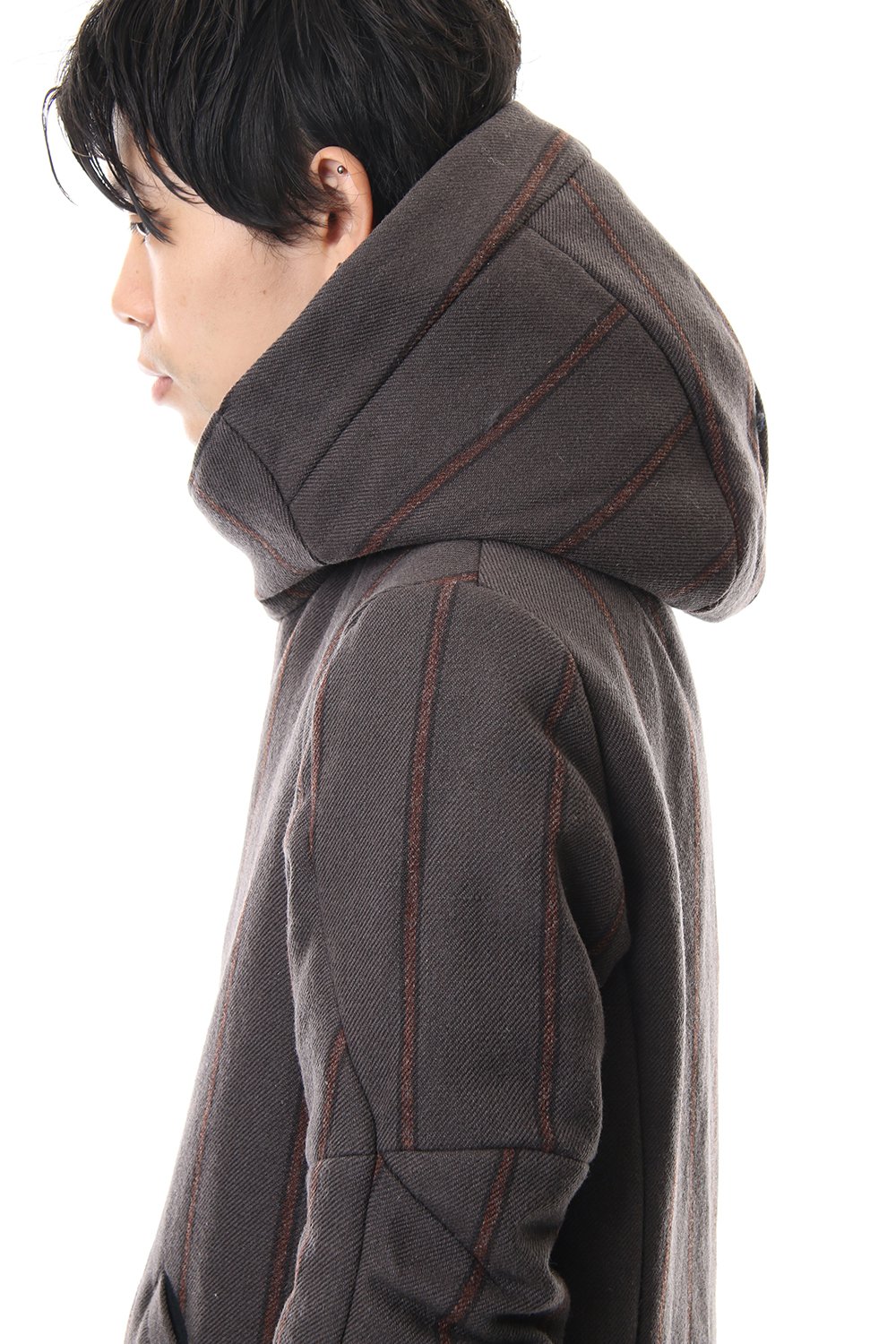 Shetland Wool Linen Stripe Batting Hood Coat Gray