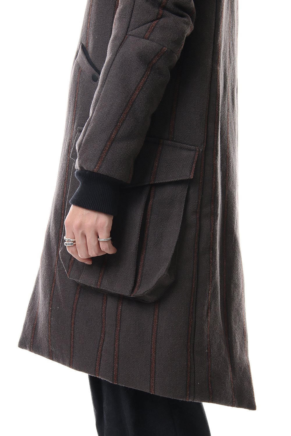 Shetland Wool Linen Stripe Batting Hood Coat Gray