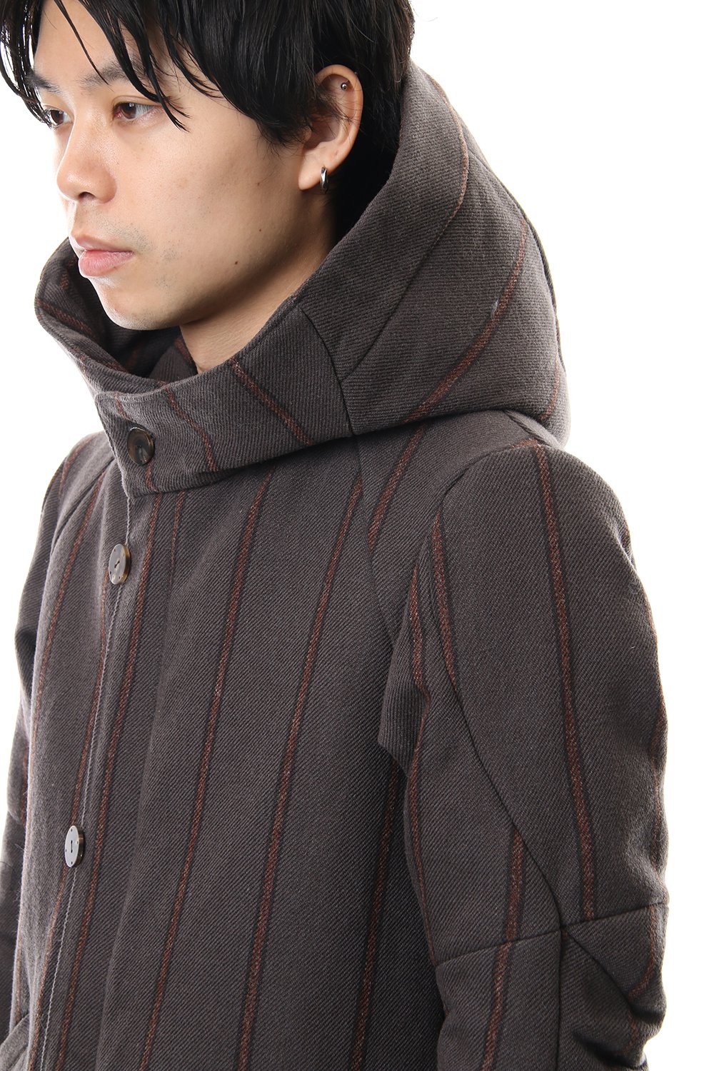 Shetland Wool Linen Stripe Batting Hood Coat Gray