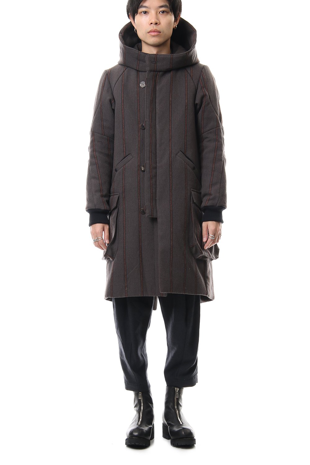 Shetland Wool Linen Stripe Batting Hood Coat Gray