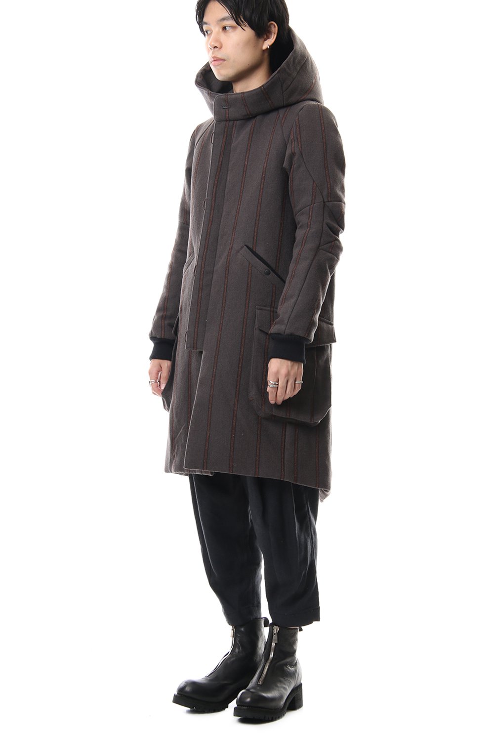 Shetland Wool Linen Stripe Batting Hood Coat Gray