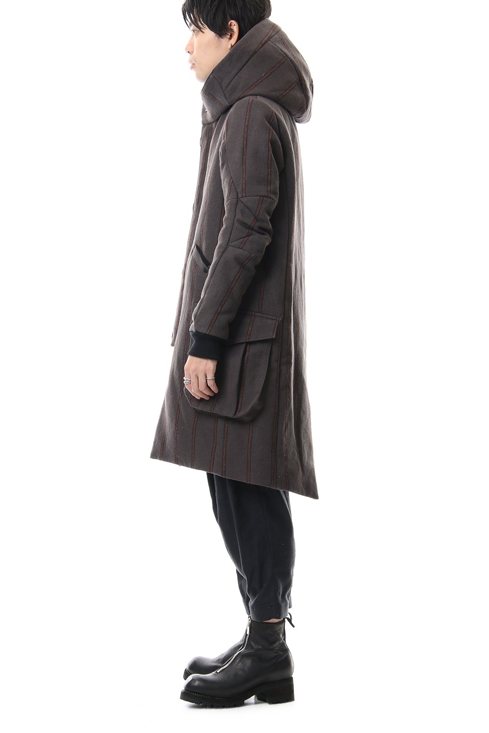 Shetland Wool Linen Stripe Batting Hood Coat Gray