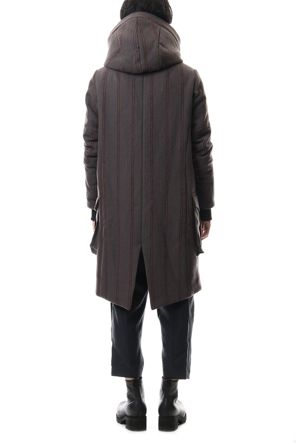 Shetland Wool Linen Stripe Batting Hood Coat Gray