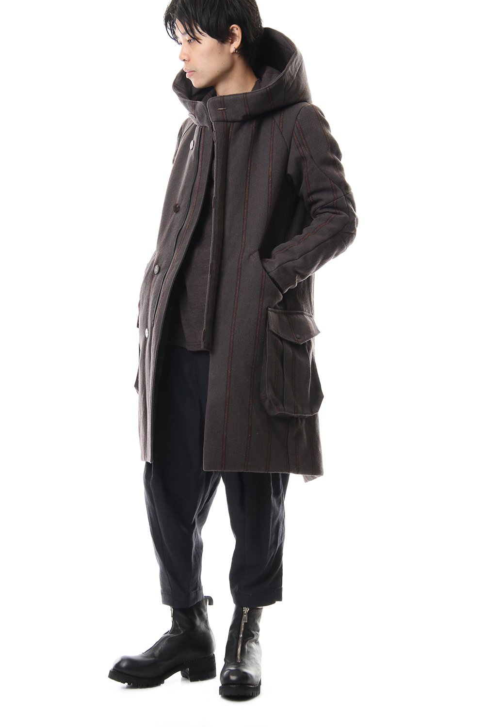 Shetland Wool Linen Stripe Batting Hood Coat Gray