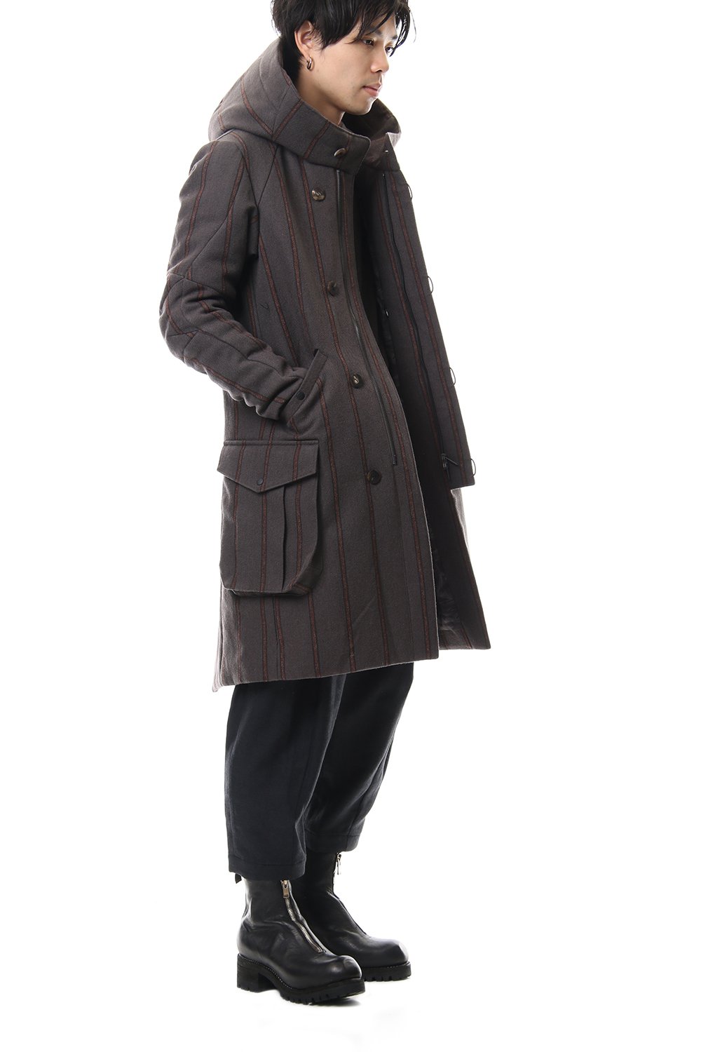 Shetland Wool Linen Stripe Batting Hood Coat Gray