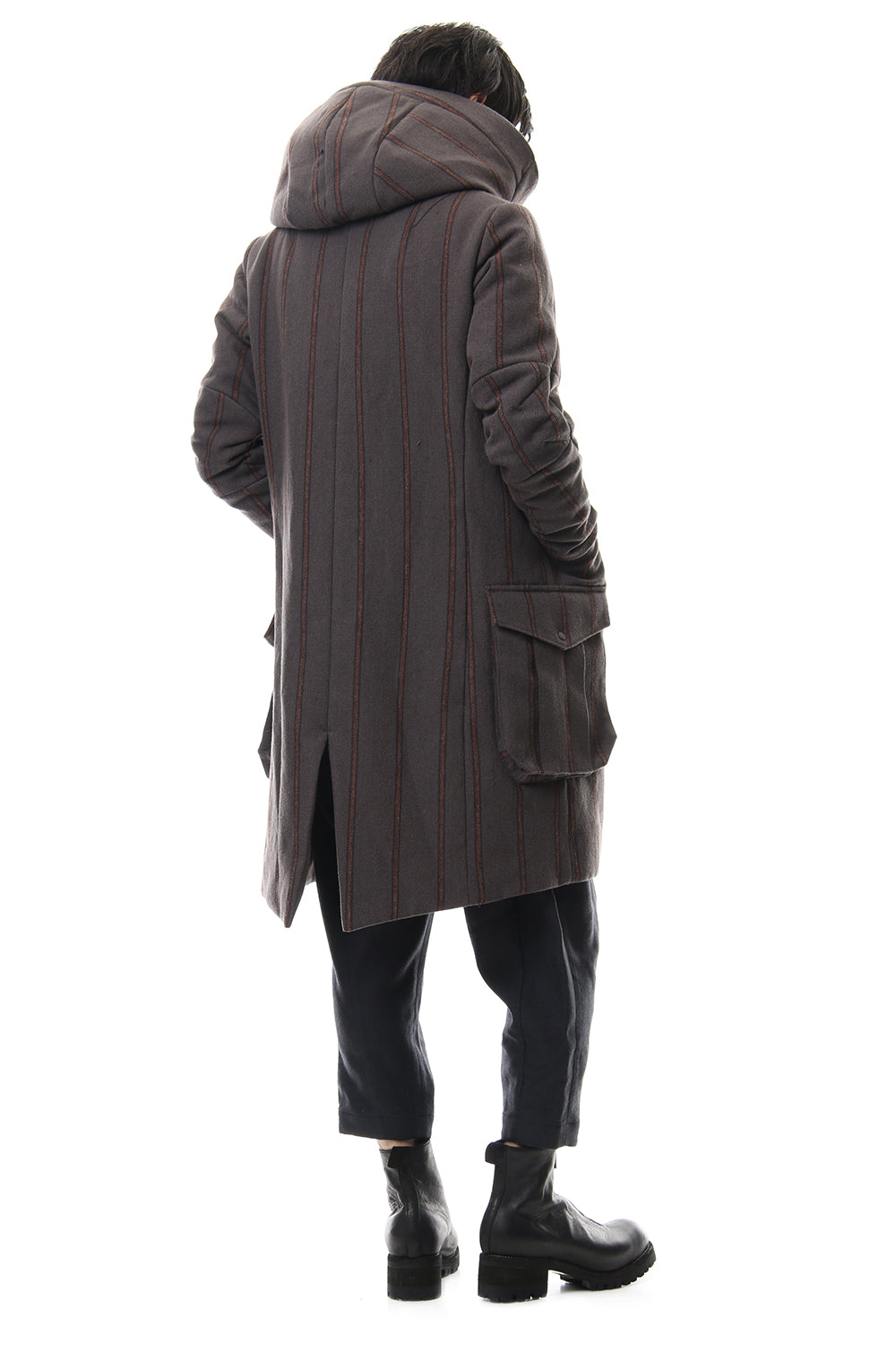 Shetland Wool Linen Stripe Batting Hood Coat Gray