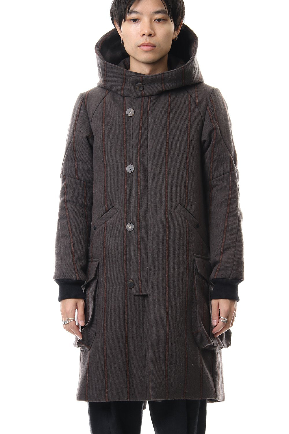 Shetland Wool Linen Stripe Batting Hood Coat Gray