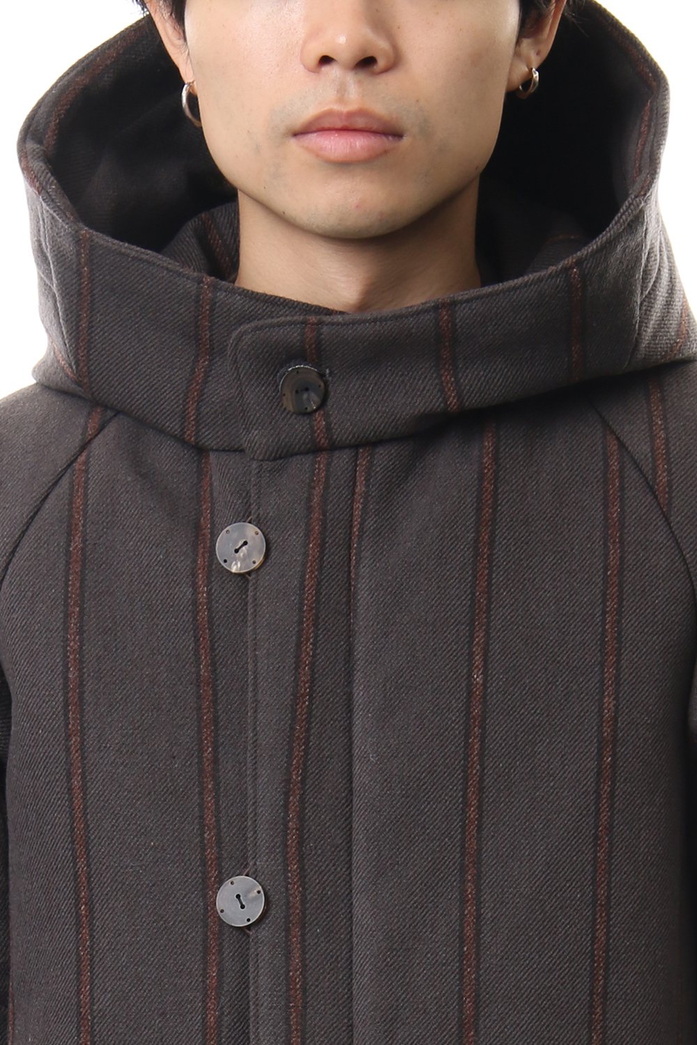 Shetland Wool Linen Stripe Batting Hood Coat Gray