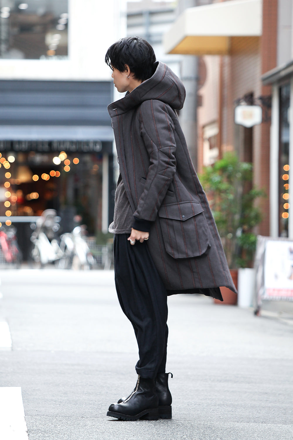 Shetland Wool Linen Stripe Batting Hood Coat Gray