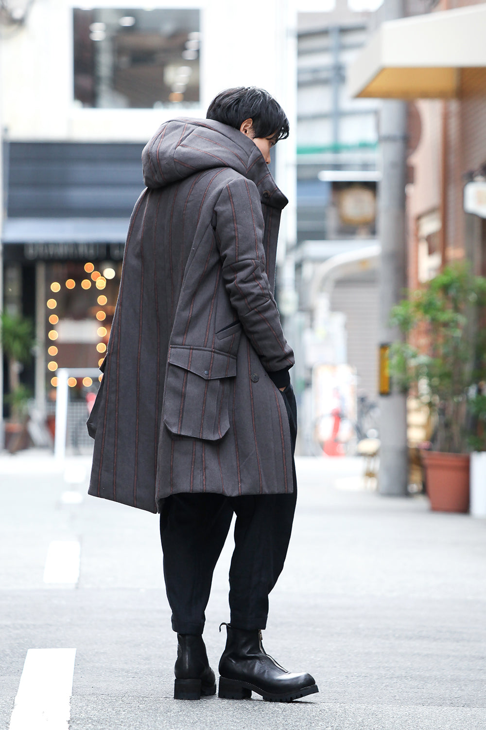 Shetland Wool Linen Stripe Batting Hood Coat Gray