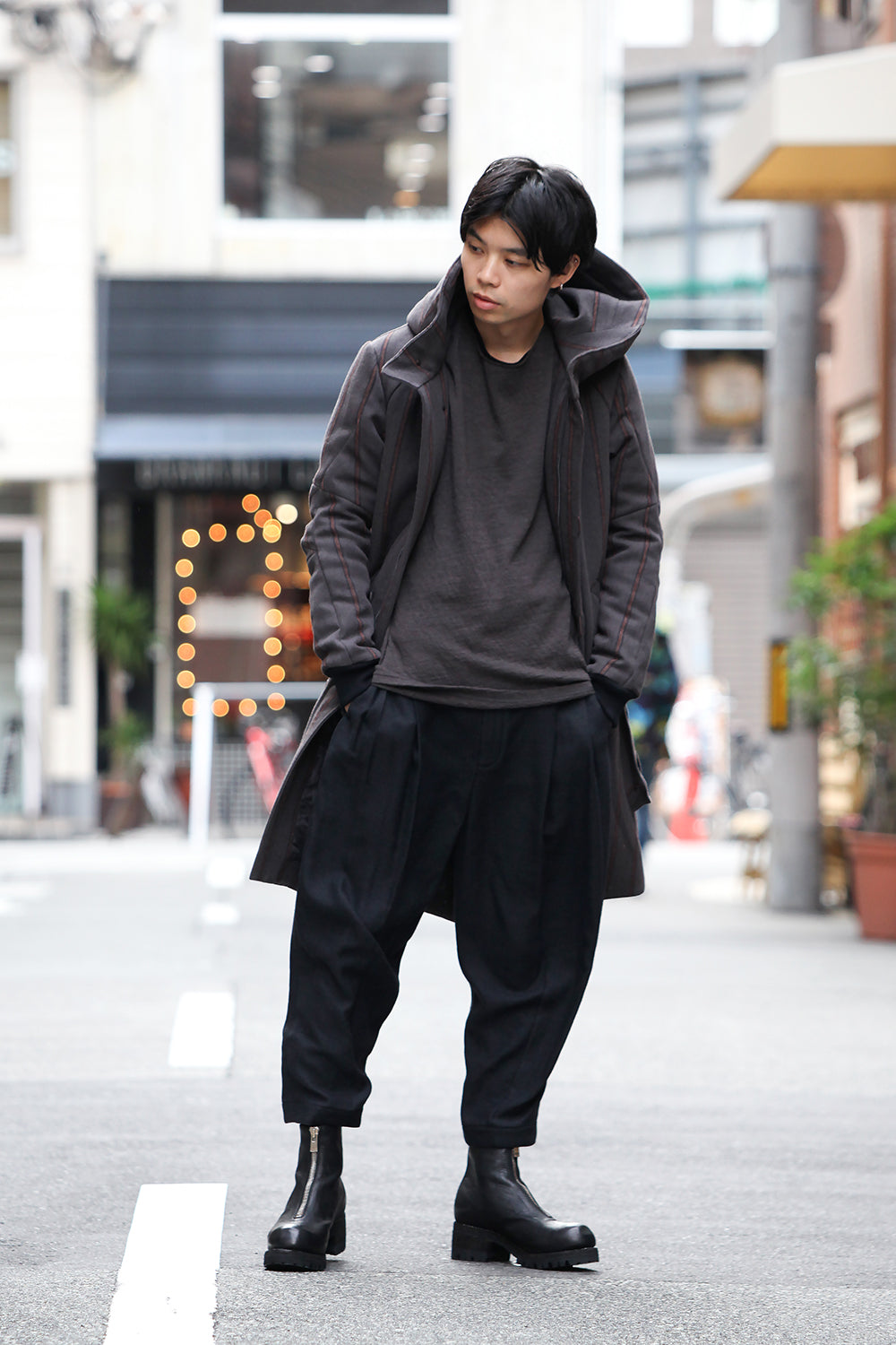 Shetland Wool Linen Stripe Batting Hood Coat Gray