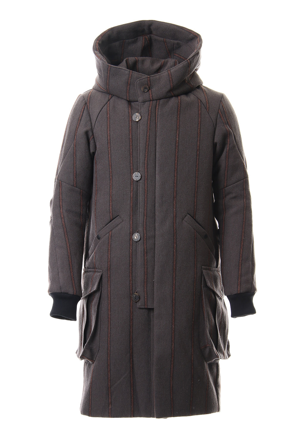 Shetland Wool Linen Stripe Batting Hood Coat Gray