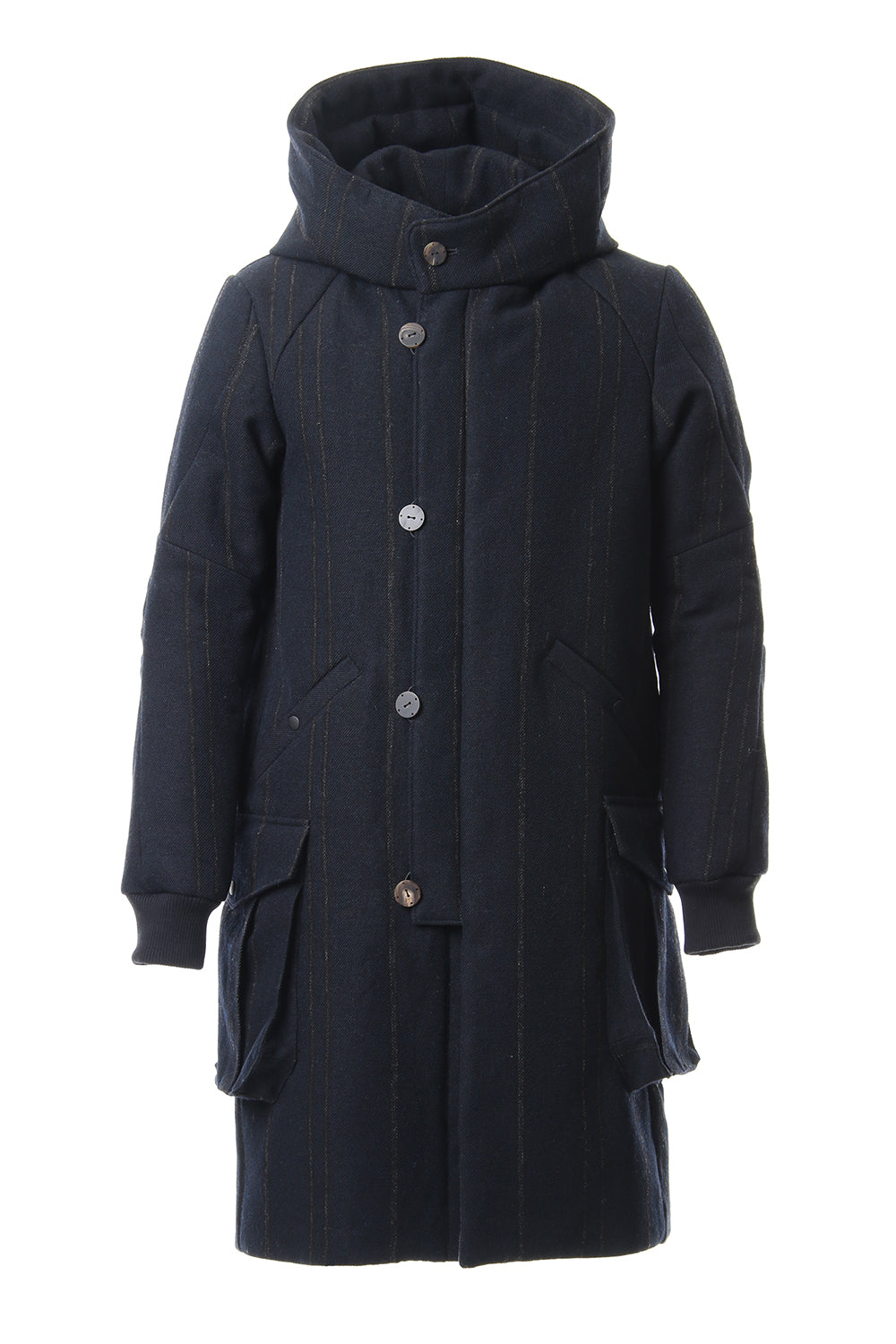 Shetland Wool Linen Stripe Batting Hood Coat Navy Black