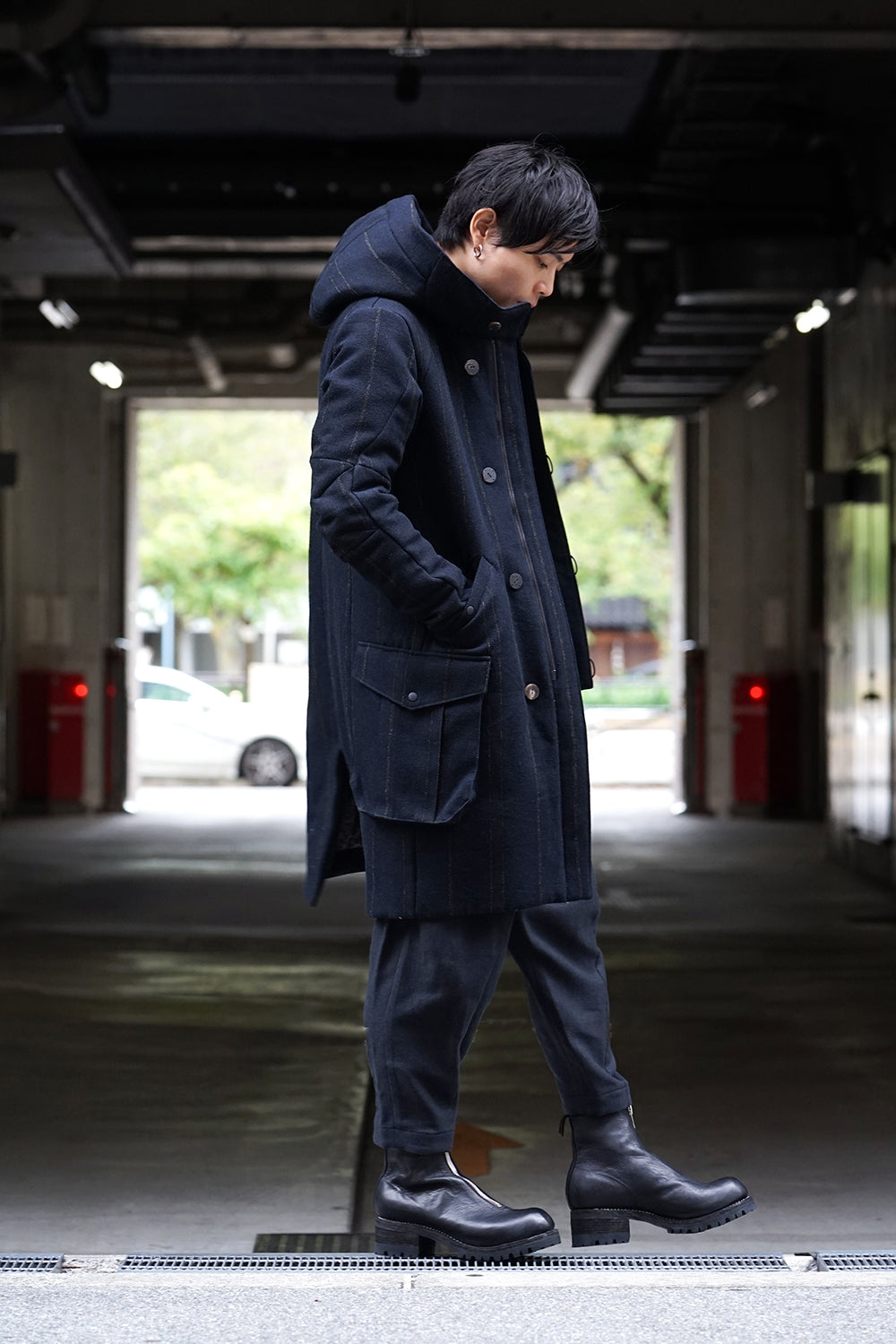 Shetland Wool Linen Stripe Batting Hood Coat Navy Black