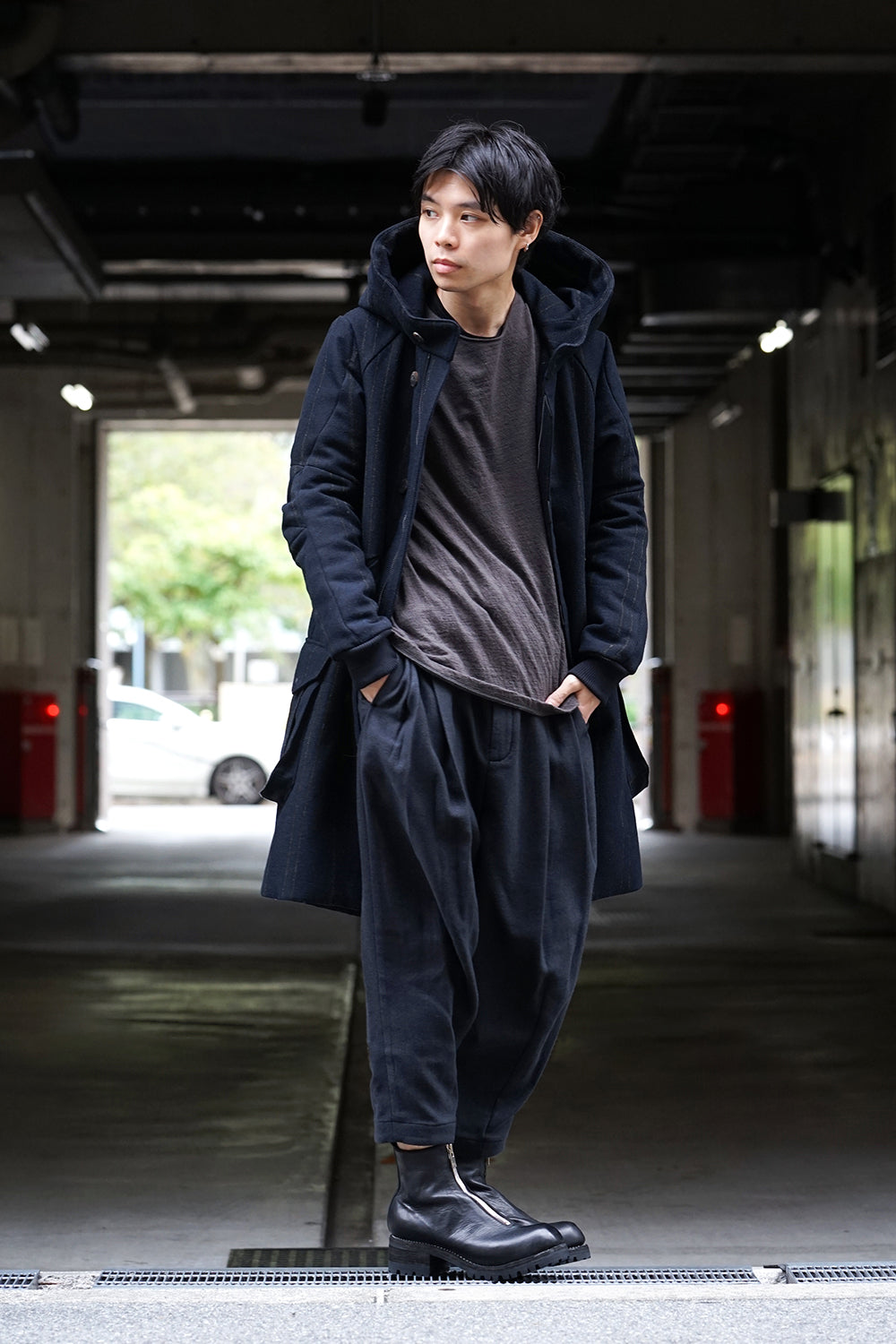 Shetland Wool Linen Stripe Batting Hood Coat Navy Black