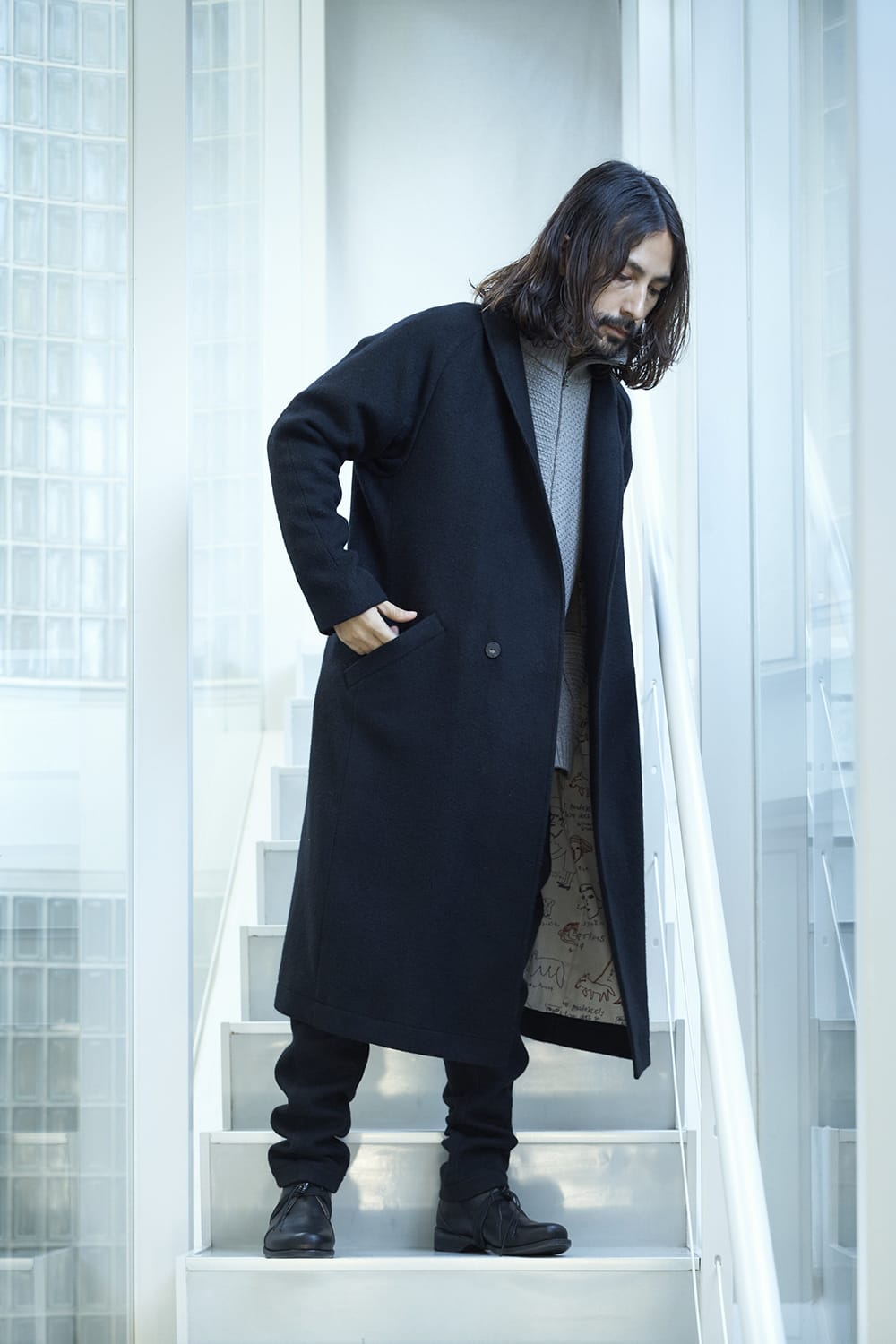 Shawl collar coat brushed cashgora