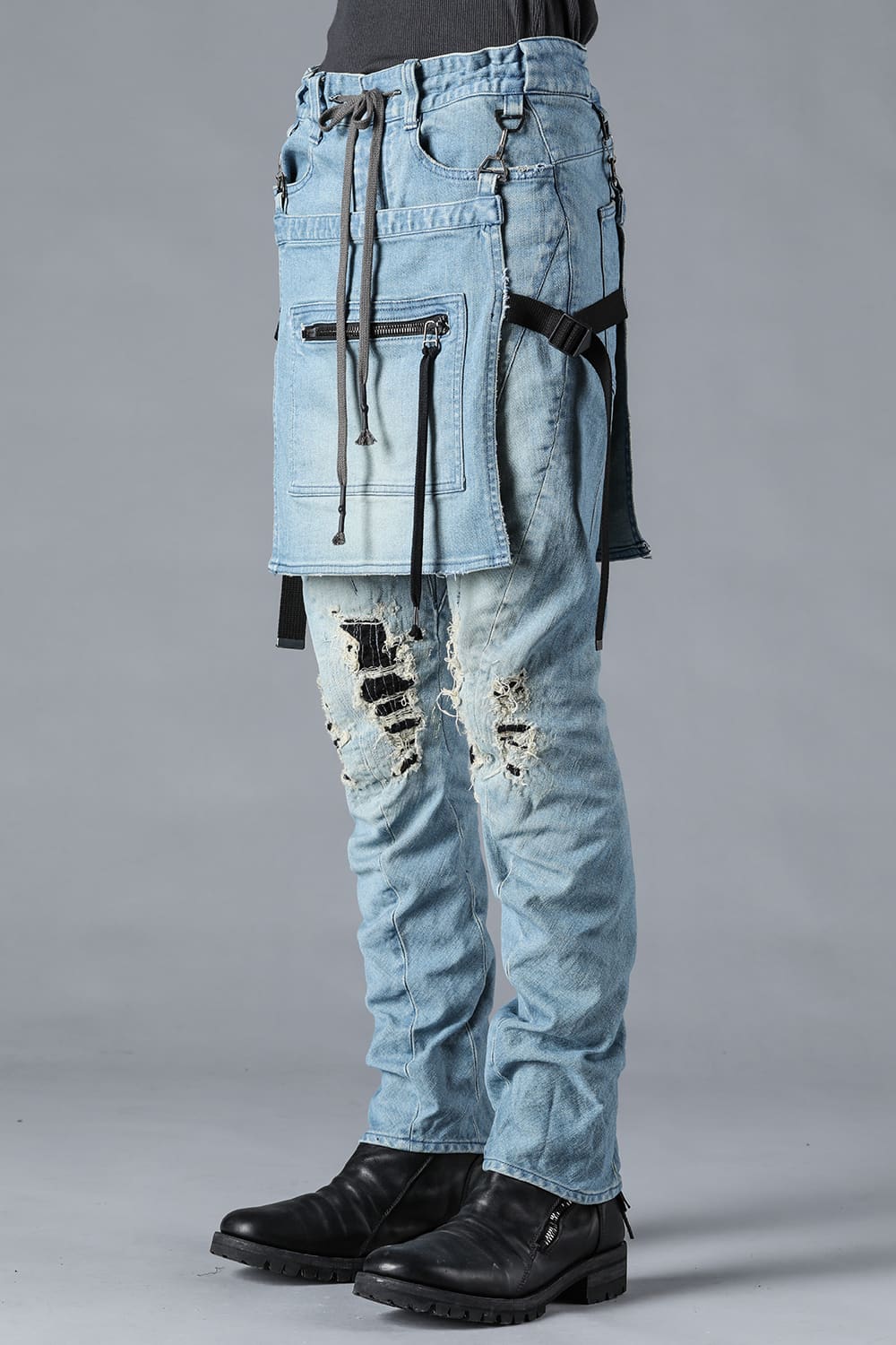 Bum Flap Distressed Denim Drop Crotch Slim Pants