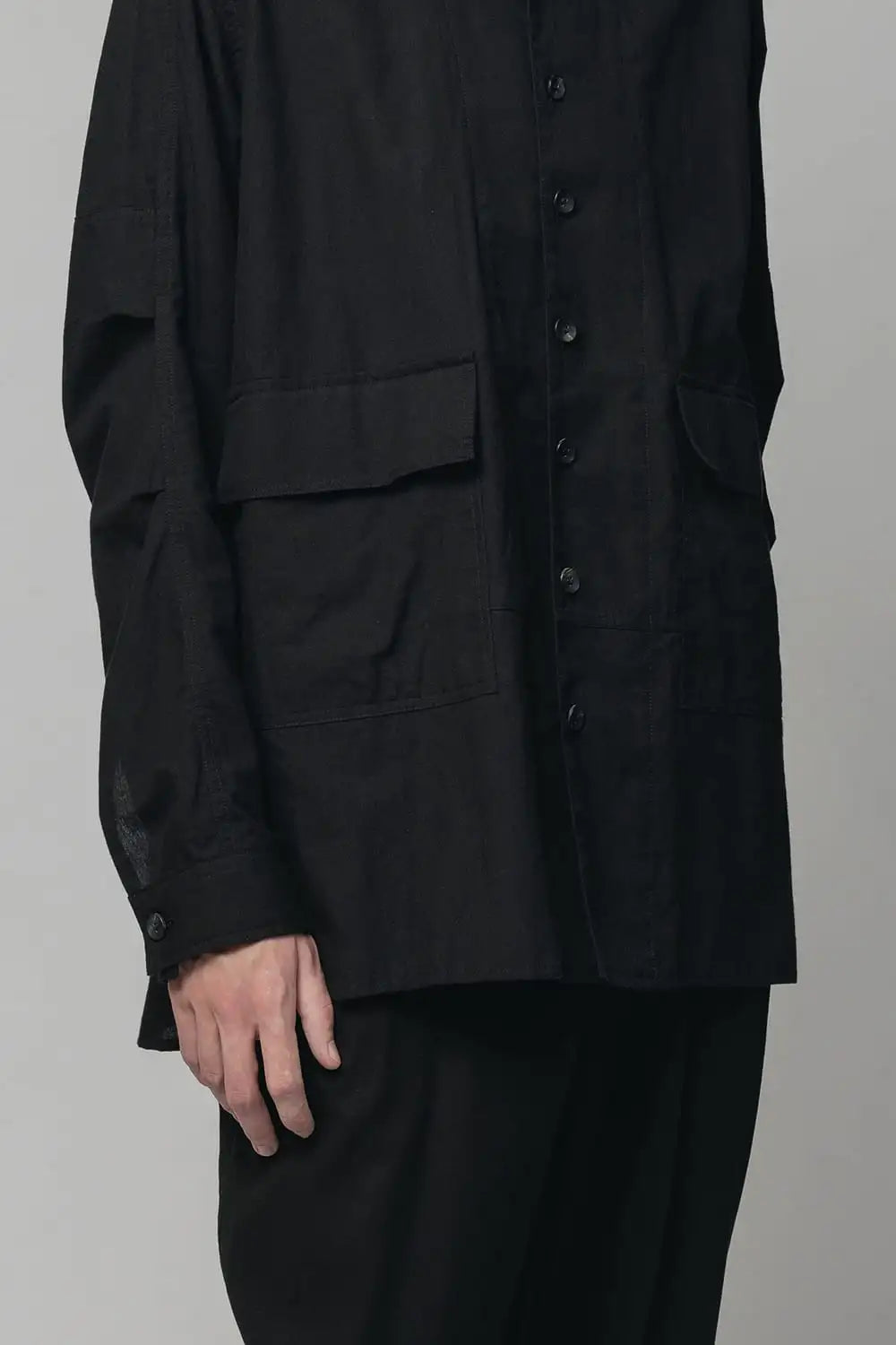 Cotton/Linen Band Collar Shirt  Black