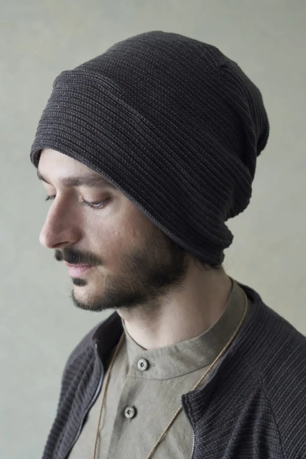 Knit cap high twist cotton stripe Mud Gray