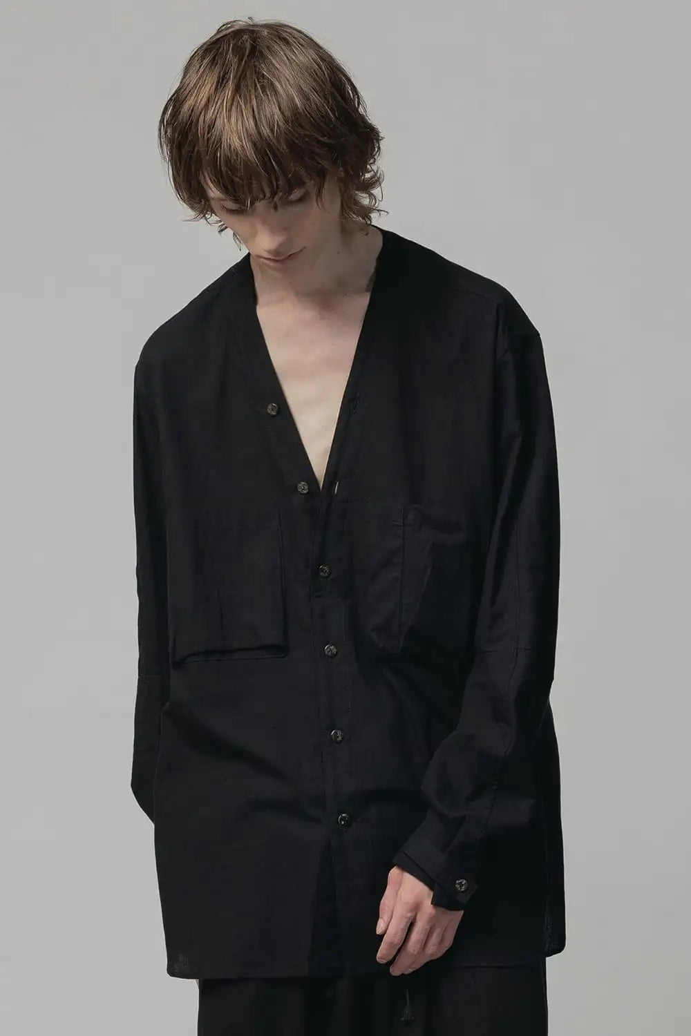 Cotton/Linen V Shirt  Black