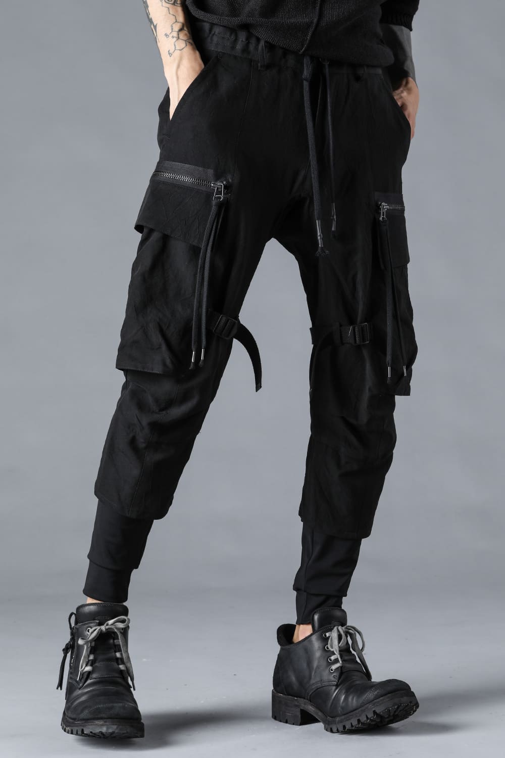 塩縮ワッシャードビーボーダーレイヤードカーゴパンツ