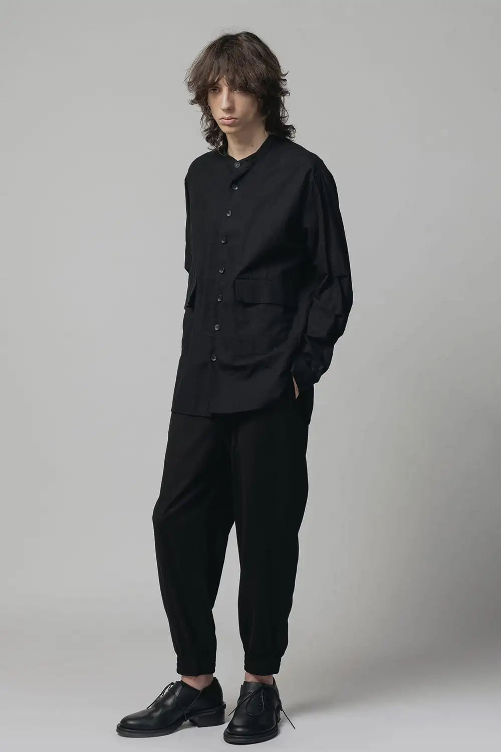 Cotton/Linen Band Collar Shirt  Black