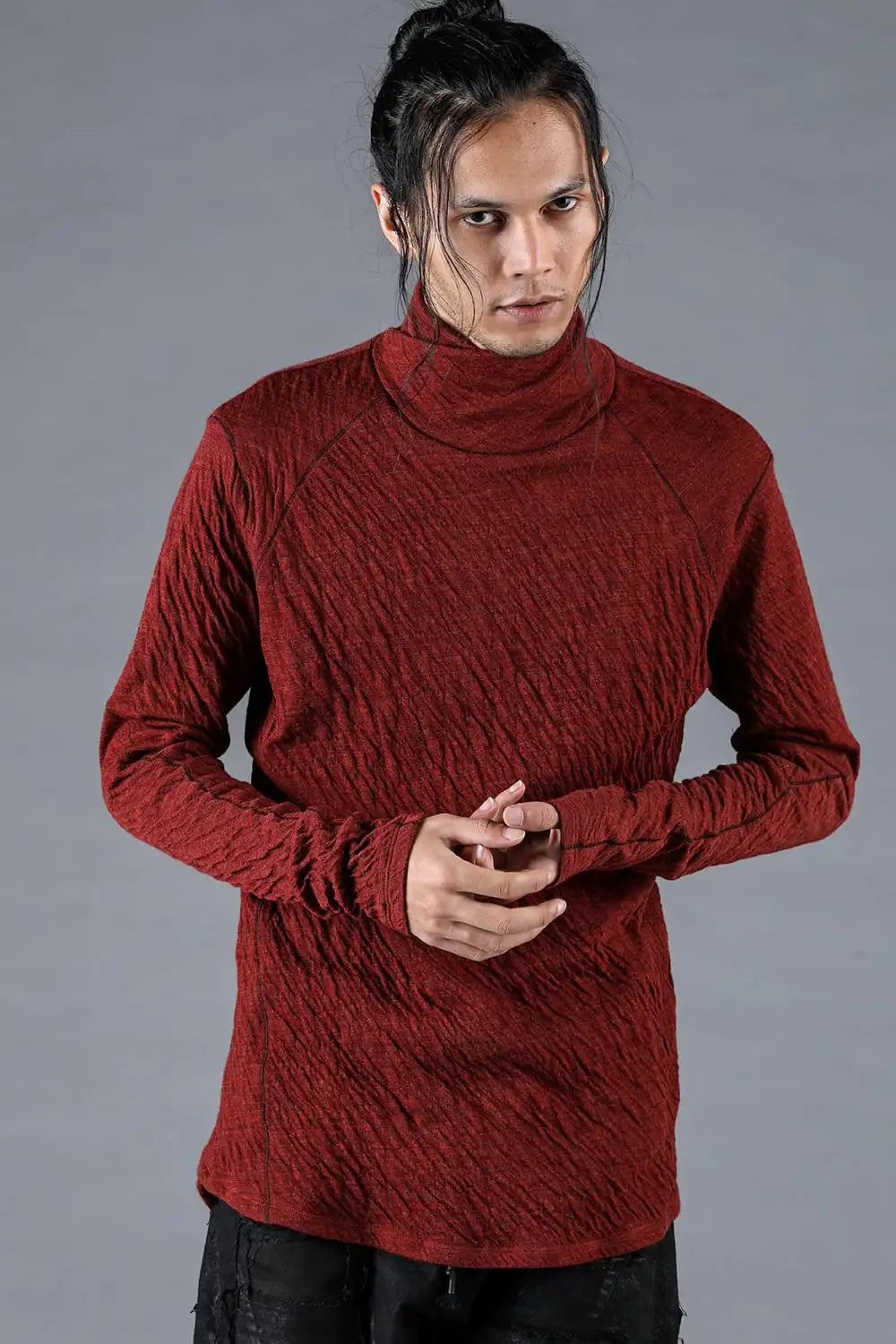 Wool x Cotton Double-Faced High-Neck Long Sleeve T-Shirt Red