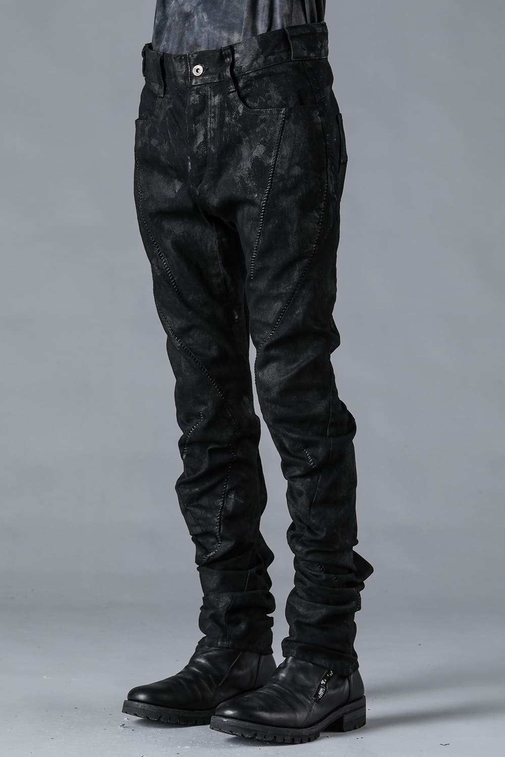 Coated Stretch Denim Overlock Twisted Curve Slim Pants